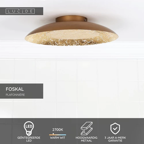 Lucide FOSKAL - Plafonnière - Ø 34,5 cm - LED - 1x12W 2700K - Messing - USP